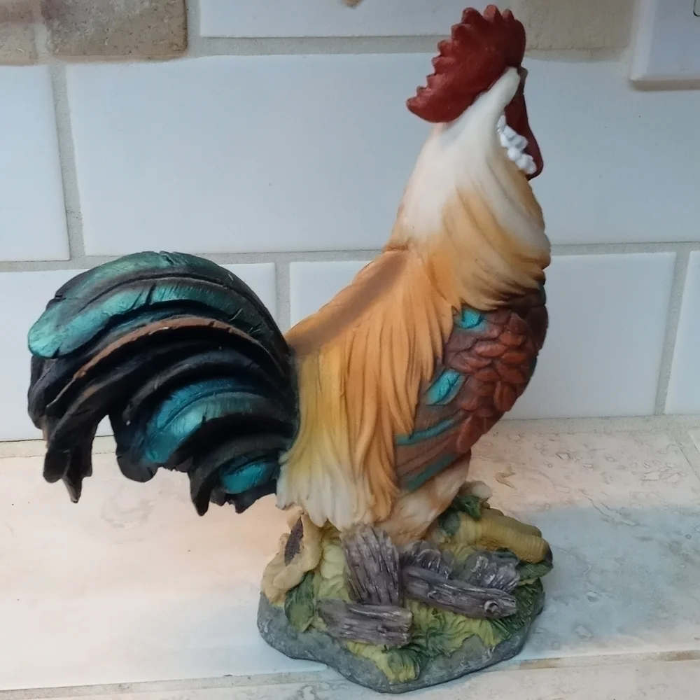 Farm decor rooster with sunflowers and a beautiful blue tail